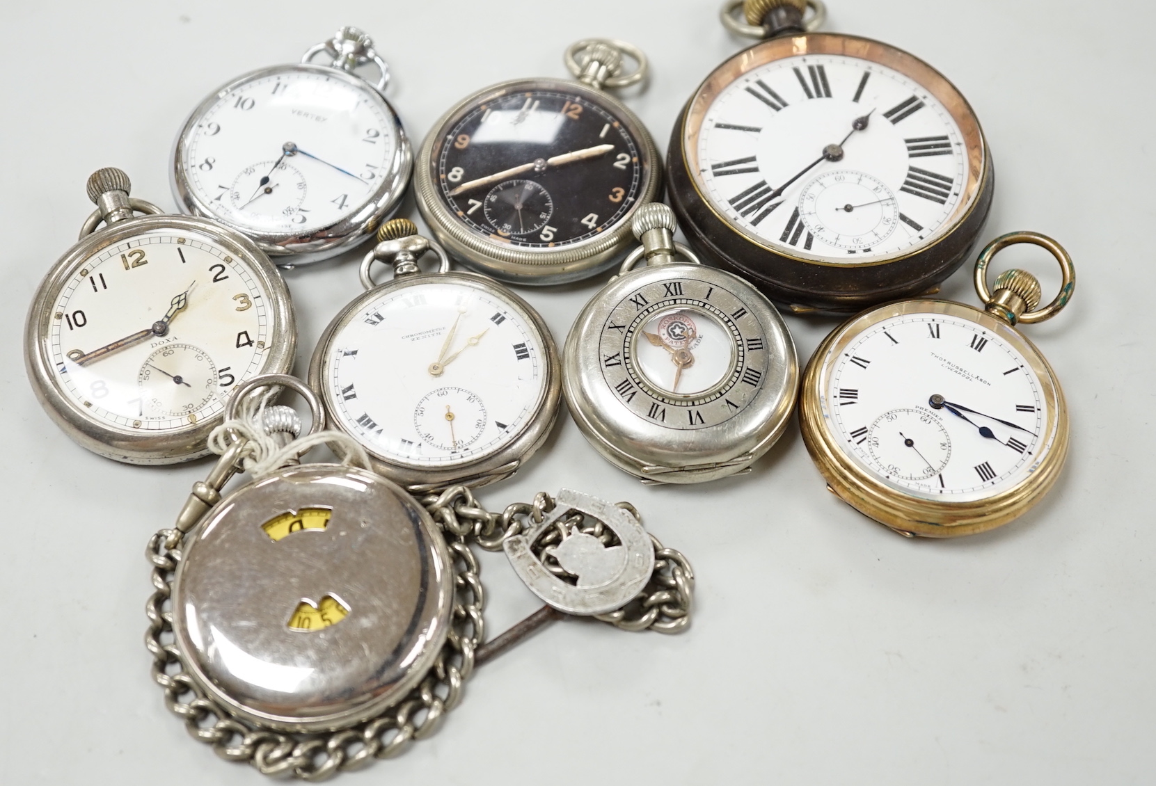 Eight assorted silver or base metal pocket watches including Goliath, Doxa and military black dial.